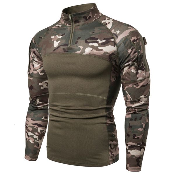 Mens camisetas táticas camuflagem tática camiseta ao ar livre uniforme de combate de combate camping roupas de manga longa zíper Men Camo 230214