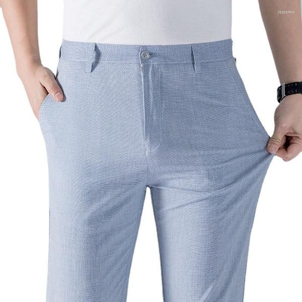 Calça masculina linho de algodão casual fino verão corea roupas de forma regular calça longa para homens azul khaki 2023 moda