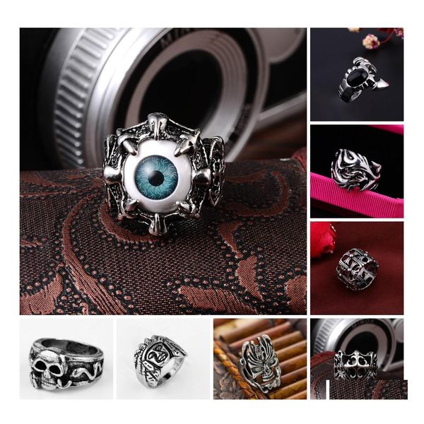 Полоса кольца симпатичная нержавеющая сталь Sier Emon Eye Vintage Mens Punk Ring