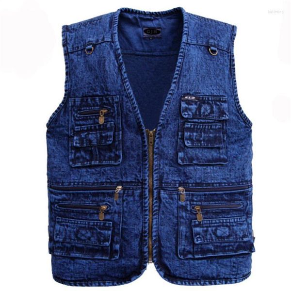 Herren Jacken Weste Oberbekleidung Denim Weste Tiefblaue Farbe Plus Size Ärmellose Jacke Multi-Pocket XL bis 5XL