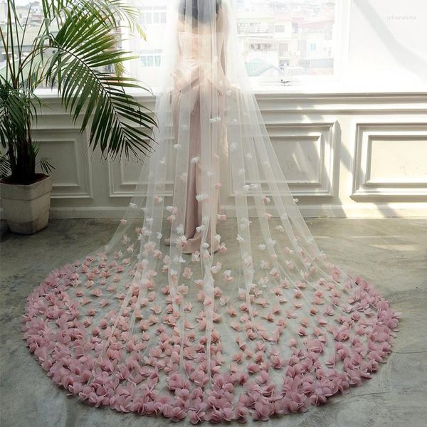 Brautschleier Rosa Kathedrale Hochzeit Spitze 3D Blumen Blumen Schleier mit Kamm Zubehör 2023 Braut Mantilla