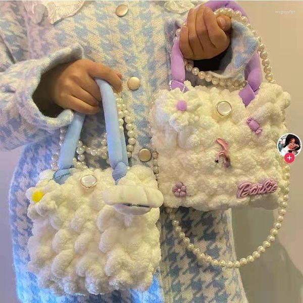 Bolsas de noite Kawaii made feminina de tecelagem de tecelagem de meninas adolescentes lolita lolita macia de ombro de pelúcia designer diy tricô de tricô