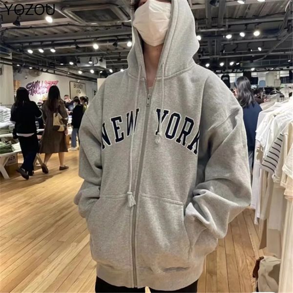 Felpe con cappuccio da uomo Felpe YOZOU Cotton Fleece Oversize Ricamato Full Zip Up Cardigan con cappuccio allentato Stile coreano York Streetwear 230214