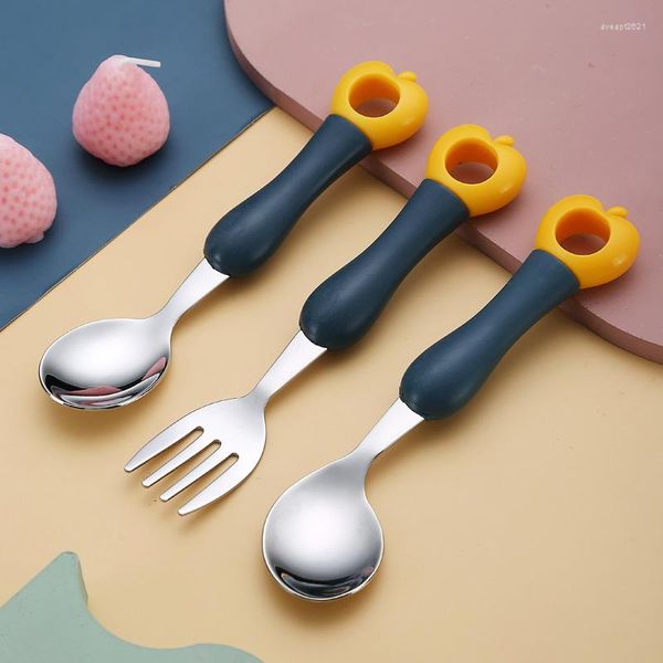 Set di stoviglie 3 pezzi Set di posate occidentali per bambini Cartoon Forchetta in acciaio inossidabile 304 Cucchiaio curvo Stoviglie Utensili da cucina