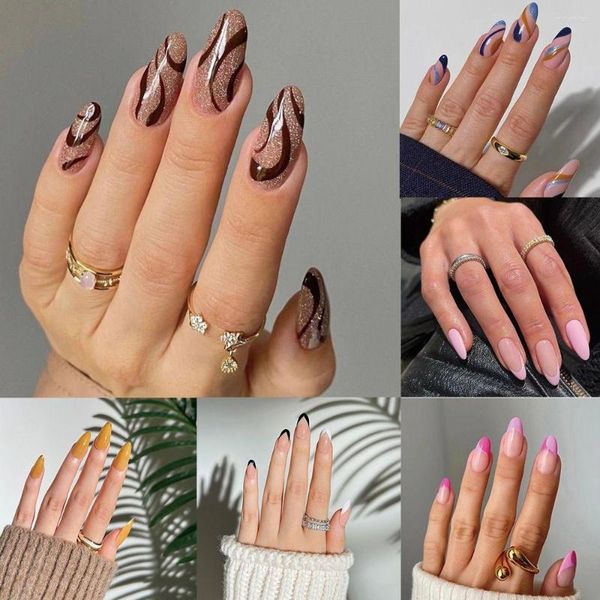 Unhas postiças 24 pçs Long Amêndoa Falso Francês Colorido Ondulado Cobertura Completa Prateado Branco Brilhante Dicas de Unhas Press On