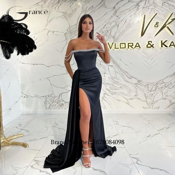 Vestidos de festa fora da noite de cetim preto sem alças para as mulheres 2023 Vestidos de baile assimétricos de verão de verão vestido de 230214