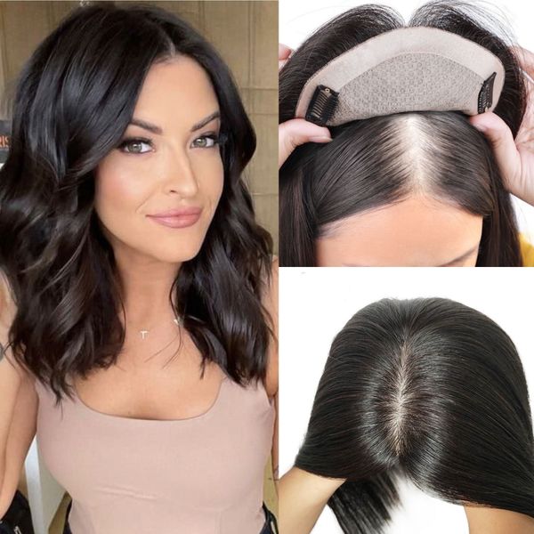 14x16cm Human Hair Topper для женщин Slik Base Hair Toppers Натуральный черный клип на кусочках 130% плотности