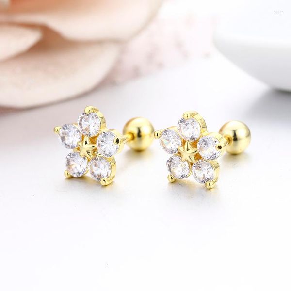 Ohrstecker, niedliche Sternblume, runde CZ-Steine, Schraubverschluss, für Damen, Baby, Kinder, Mädchen, Messing, goldfarben, Piercing-Schmuck