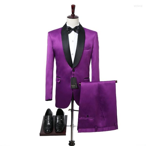 Abiti da uomo 2023 Viola Uomo Per Prom Party Nero Scialle Risvolto Stile casual Smoking da sposa Sposo 2 pezzi Giacca Pantaloni