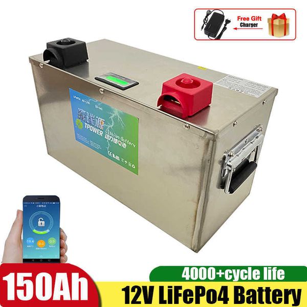 Batteria LiFePO4 da 12 V 150 Ah Batteria al litio BMS 4000 cicli Bluetooth Adatto per camper RV da 12,8 V Vento solare off-grid