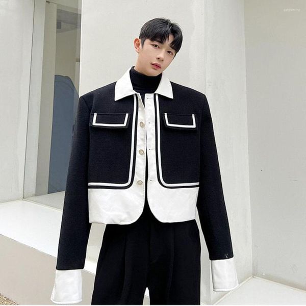 Männer Jacken Woolen PU Leder Patchwork Jacke Männer Japan Koreanische Mode Lose Kausalen Vintage Kurze Männliche Netto Promi Mantel Oberbekleidung