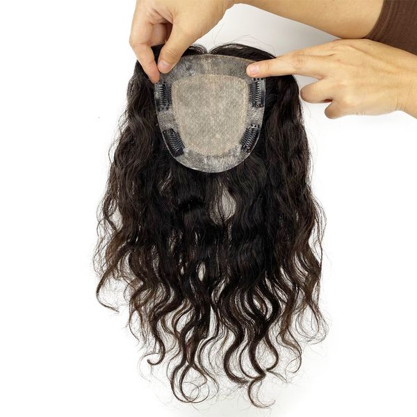 Synthetic Synthetic Wair Virgin Human Hair Topper para mulheres com desbaste de 2 cm em torno da base de seda Toupee 4 Clips Ins Wavy 230214