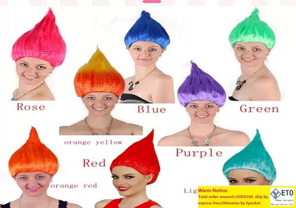10pcslot Fast Shipping Trolls парик для детей взрослые костюмы косплей вечеринки для вечеринки косплей парик 12 цветов в складе