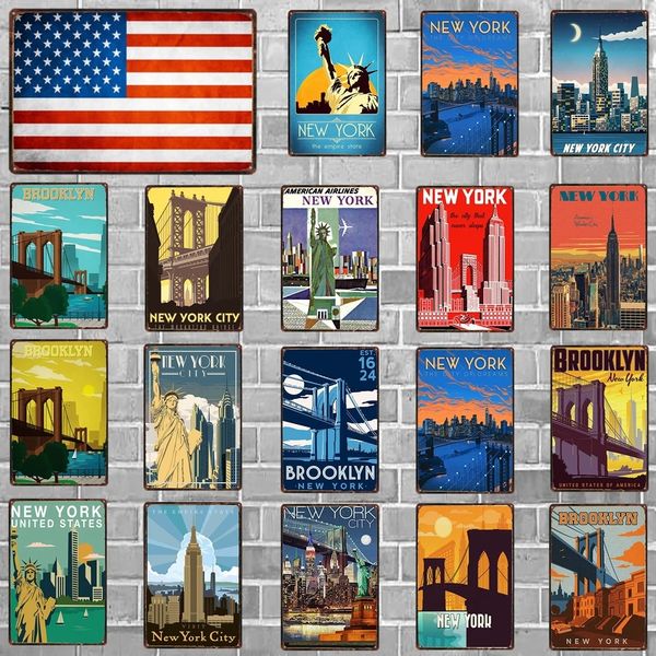 Pintura de arte de arte de Nova York Placa Metal Viagem Viagem Tin Placa de metal para parede Pub Cafe Sala Decoração de artesanato em casa Decoração personalizada Torna Tamanho 30x20 W02