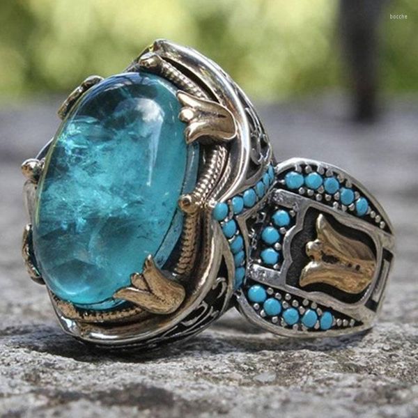 Cluster-Ringe Vintage geschnitzter Aquamarin Herren europäischer und amerikanischer Retro-Hochzeit eingelegter türkisfarbener türkischer Mode-Luxusschmuck