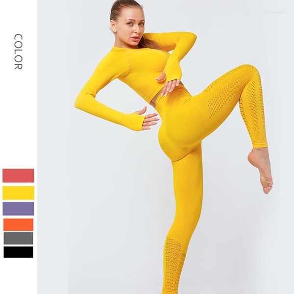 Set attivi Set da allenamento per donna 2 pezzi Sexy Crop giallo Maniche lunghe Maglia da corsa Pantaloni da yoga in rete Leggings Abbigliamento da palestra elastico