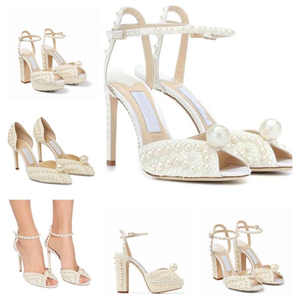 2023 London Marchi Sandali Sacora Scarpe per Bidal Wedding Donna Tacchi alti Perle bianche Cinturino alla caviglia in pelle Peep Toe Elegant Lady Pumps EU35-43