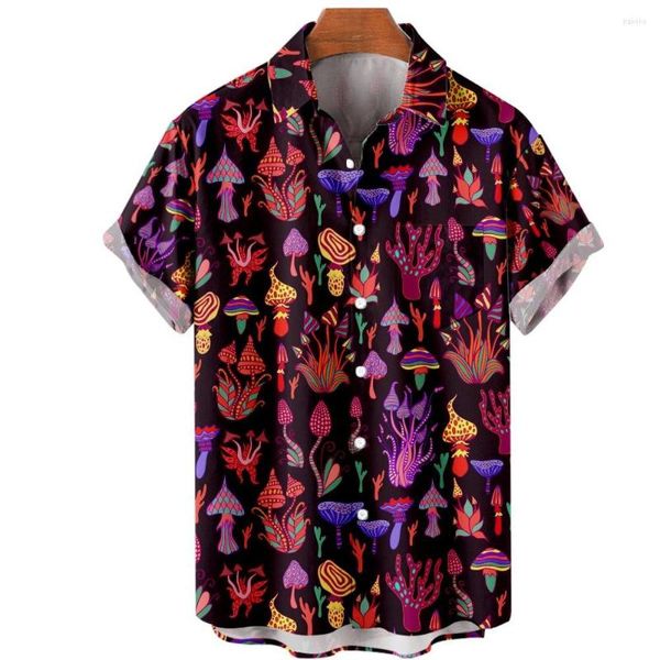 Camisas casuais masculinas Camisa de manga curta Hawaiian Vintage Turn Down Collar Blouse Loose Cogumelos impressão