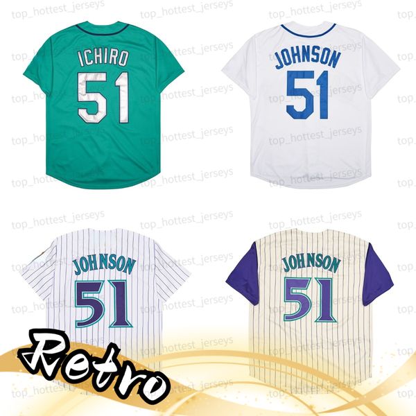 Retro Ichiro Suzuki 51 Maglia Randy Johnson Green Beige White Stripes Maglie da uomo cucite ritorno al passato