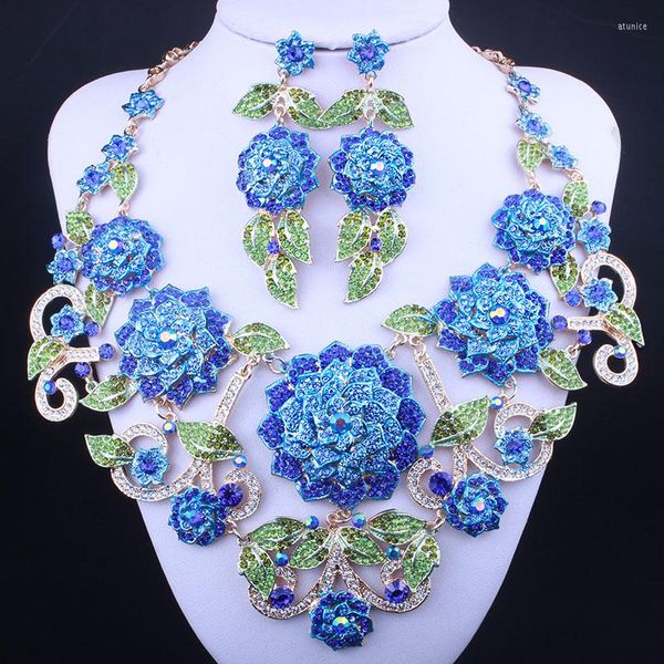 Set di orecchini per collana, set di gioielli da sposa di lusso, grandi fiori, gioielli in costume per feste di matrimonio, per donne