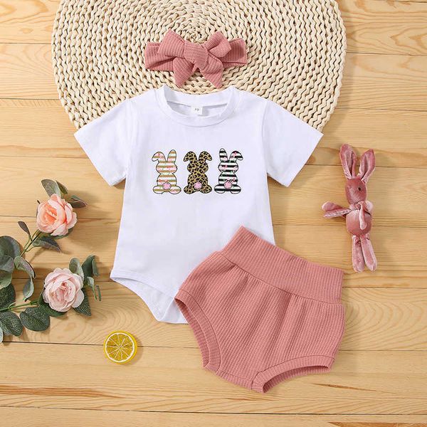 Kleidungssets Niedliche Party Kinder Baby Mädchen Strampler Kleidung Set Kurzarm Kaninchen Druck BodysuitElastische ShortsHaarband PCS Osteranzug