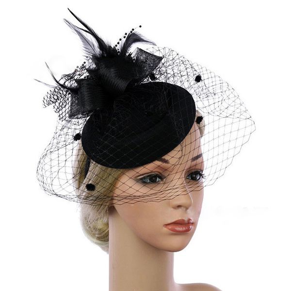 Copricapo Nero Retro Tulle Chiesa Festa di nozze Cappello da sposa Velo Fascinators Cappello da donna da sera formale