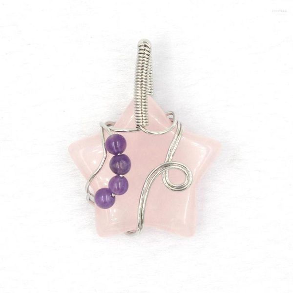 Collane con ciondolo Pietre preziose naturali Ciondoli a forma di stella per le donne Ciondoli avvolgenti in filo di colore argento Cristallo di quarzo rosa Pendolo Gioielli Guarigione regalo