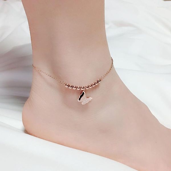 Tornozeleiras cor de ouro rosa aço inoxidável contas de aço animal descalço tornozelo coreano feminino feminino fosco de borboleta tornozelo sandálias de pulseira
