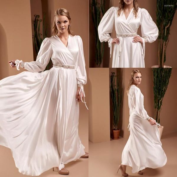 Nedime Elbise İpek Saten Gelin Nightgown Gece İnciler Kemer Uzun Kollu Places Nightdress Kadınlar Nightwear Boudoir