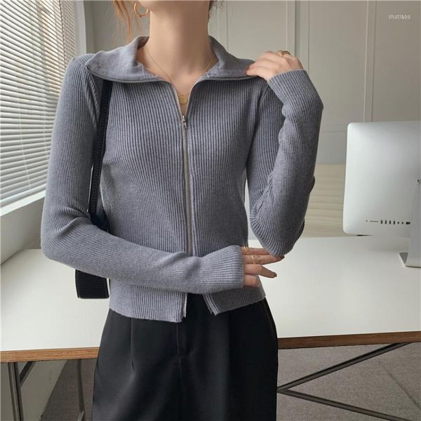 Damenstrick Langarm Solide Frauen Vintage Pullover 2023 Koreanischer Stil Strickpullover mit Reißverschluss Streifen Woolen Korean Damen Top 515H