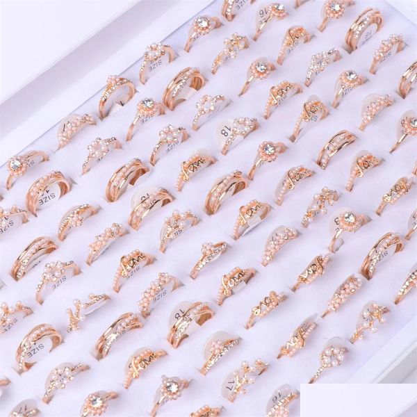 Solitaire Ring Fashion Fashion Reth Strass P￩rola Rings J￳ias para Mulheres Gold Rose Color Mix Style Party Gifts Gretos de atacado 50pcs/ dhm3l