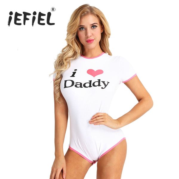 Mumins femininos Rompers Mulheres adultas I Love Daddy Padrão de manga curta Snap Snap Cotch Cotton Romper Sexy Mumpsuit Suits para fantasias Party Bodystock