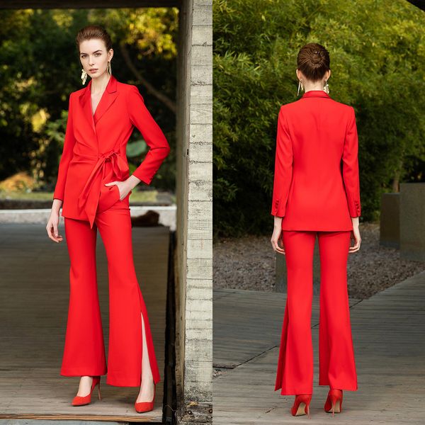 Pantaloni da donna su misura rosso brillante si adattano al blazer da indossare per feste di ballo di fine anno per pantaloni larghi da sposa 2 pezzi