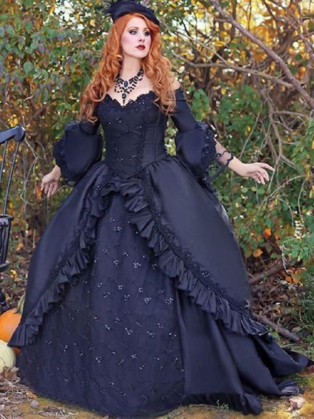 Vintage mittelalterliches schwarzes Gothic-Hochzeitskleid 2023 Renaissance Halloween schulterfrei Ballkleid Spitze Landbraut mit Ärmel Robe De Mariee Dentelle