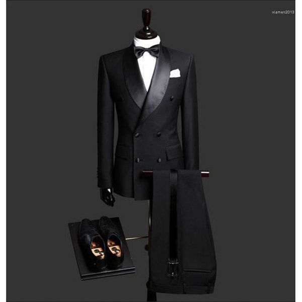 Мужские костюмы черные с двойной пролитой причиной свадебной мужской 2 штук