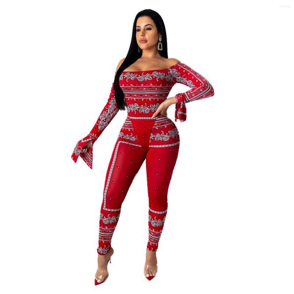 Kadınlar İki Parçalı Pantolon Kadın Setleri Kırmızı Çiçek Baskı Omuz Dışı Tulum Sıkı Elastik Gece Kulübü Playsits Üst Sonbahar Kıyafetleri