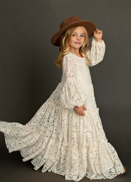 Abiti da ragazza Ragazze Pizzo Manica lunga Rosa Abito bianco Bambino Bambini Boemia Elegante Principessa Abiti da festa Costumi Abbigliamento per bambini per 312 anni 230214