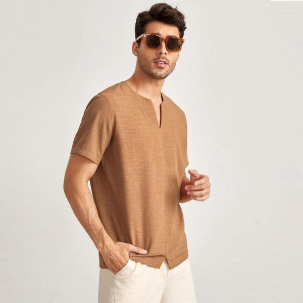 Magliette da uomo in lino da uomo, estive, casual, in cotone, a maniche corte, per uomo, magliette larghe cinesi