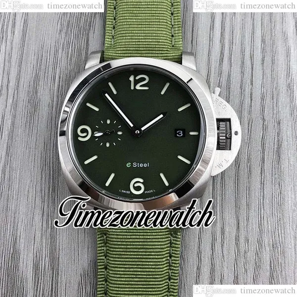 SJF New E Steel 01356 Orologio automatico da uomo Quadrante nero luminoso Cassa in acciaio Cinturino in pelle di nylon verde militare Diver Gents 44mm Orologi TWBE Timezonewatch E48