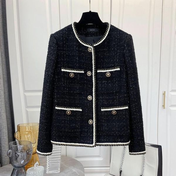 Jackets femininos 2023 designer de moda vintage lã mistura para mulheres preto tweed o-gola longa manga longa elegante peito solteiro