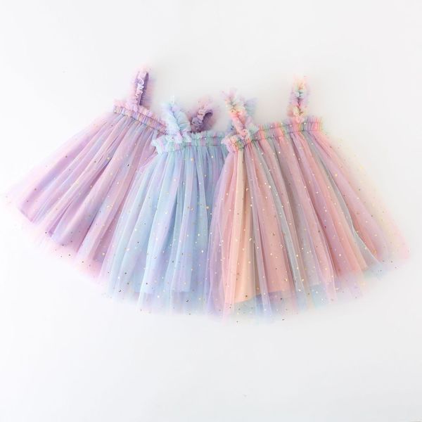 Vestidos de menina verão roupas de bebê roupas fofinas lantejous estrela arco -íris saia malha vestido de baile doce meninas de princesa 230214