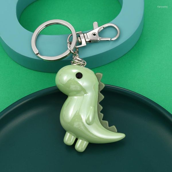 Keychains Green Dinosaur Keychain acrílico 3D Animal Car Chave anel de aço inoxidável Cadeia de cor prata colorida mochila jóias penduradas