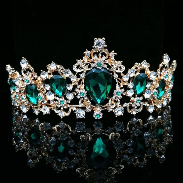 Jóias de cabelo de casamento barroco vintage verde royal coroas Tiara Bride Blue Red Queen Crown Bandeira de noiva para mulheres 230214