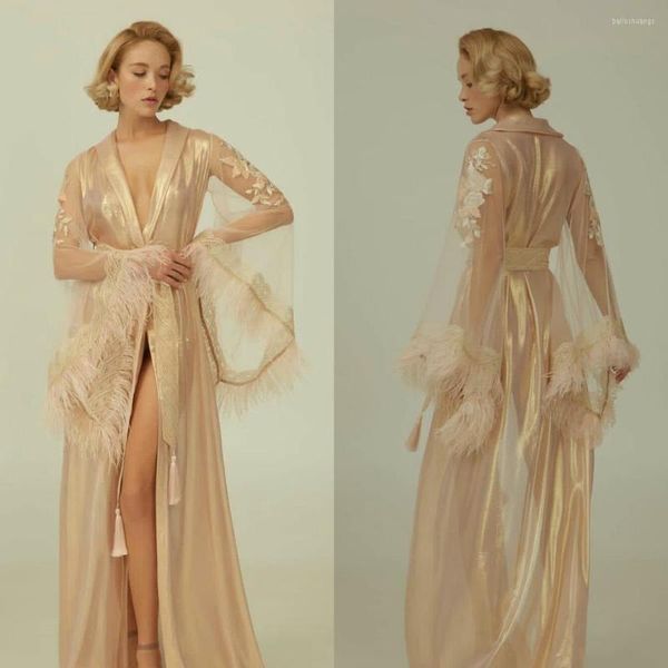 Vestido de dama de honra Gold Mulheres Lace Kimono Lady Sexy Bathrobe Feather Bride Wedding Robe Vestio Nightgown Sleepwear