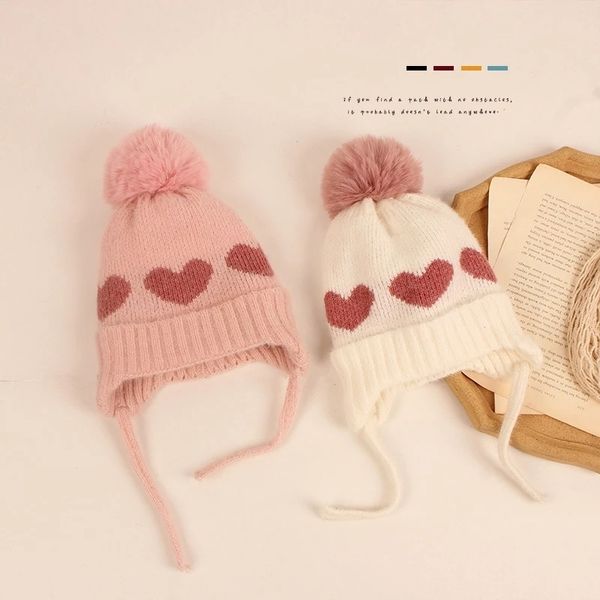 Mützen Hüte Herbst Winter Baby Mädchen Hut mit Pompom Herz Muster Kinder Beanie Caps Warme Gestrickte Säugling Kleinkind Motorhaube Hüte Zubehör 230213