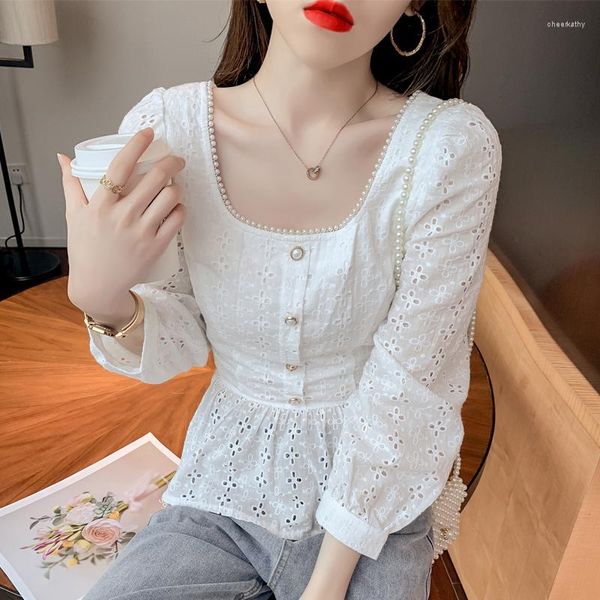 Pullovers femininos Pullovers brancos V Collar Spring Spring Autumn Corean Lace Pearl Square Blouse Long Blusa Mulher feminina Top 826b