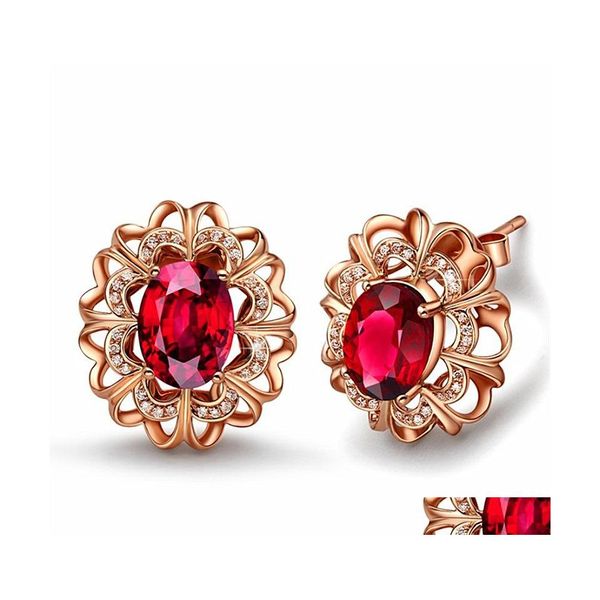 Orecchini di rubino di lusso per le donne Orecchini in oro rosa 18 carati Red Birthstone Ear Jewelry Wedding Gemstone Earring Drop Delivery Dhm4G