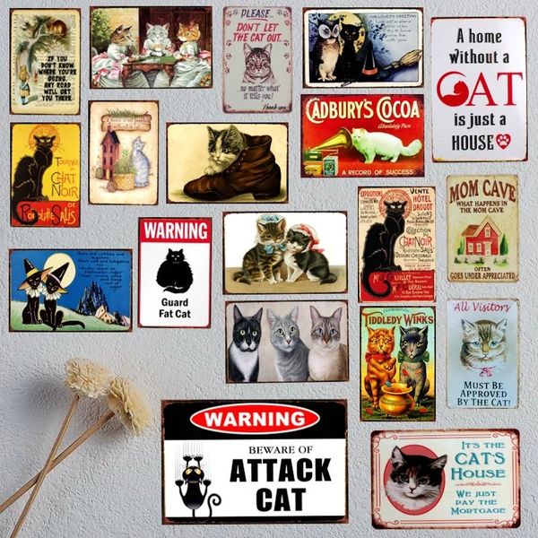 „Ein Zuhause ohne Katze“-Kunstgemälde ist nur ein Haus, Metall-Haustier-Tier-Blechschild, Vintage-Teller für Wandkunst, Retro-personalisiertes Dekor, Geschenk, Wanddekor-Schilder, Größe 30 x 20 W02