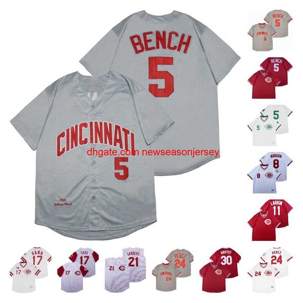 5 Johnny Bench Baseball Jerseys Vintage 17 Chris Sabo 1969 1976 2000 Home Away Away Grey Branco Branco Botão Pullited Jersey