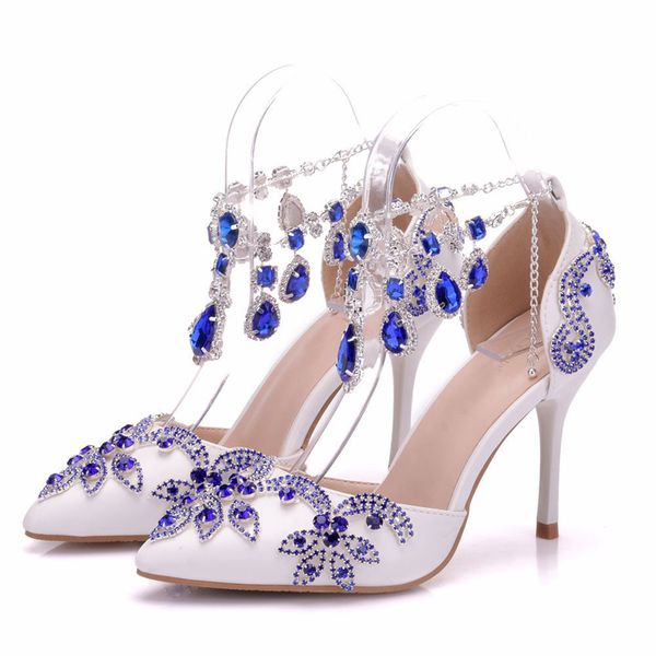 Casamento Sapatos de salto alto Blue royal strass de fivela de fivela pontiaguda mulher bombeia de 3 polegadas de menina artesanal presente de aniversário presente